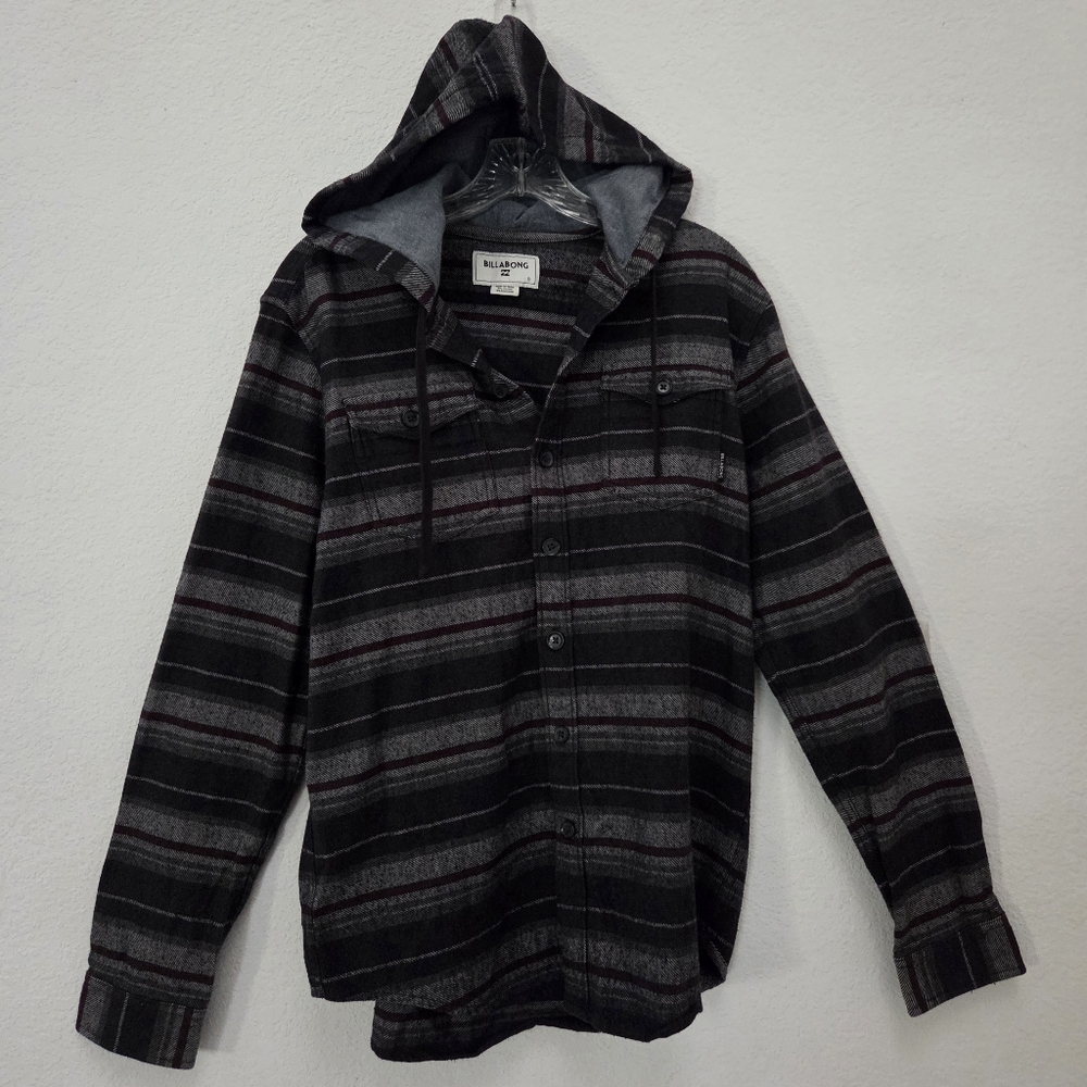Billabong Black and Gray Striped Hooded EUC Small Sweater Shirt